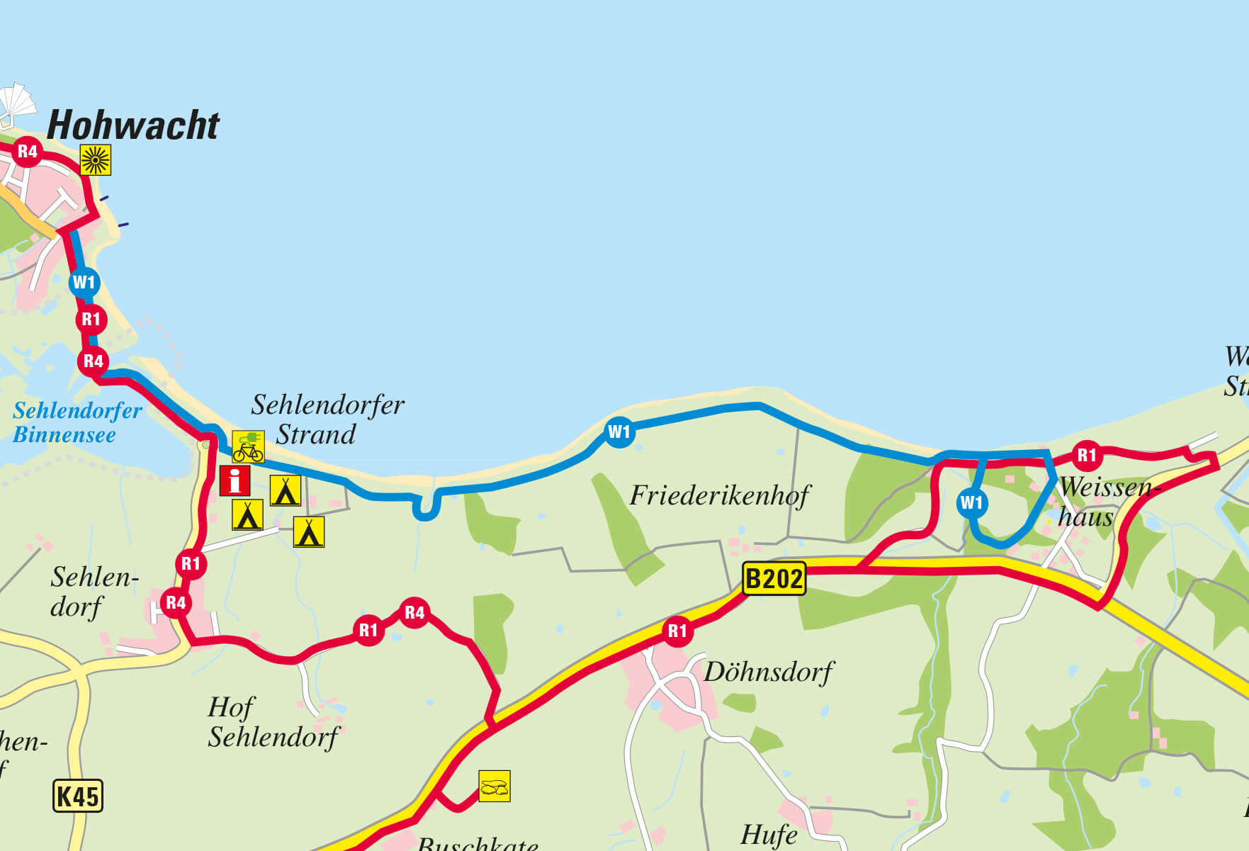 Randfahrroute von Hohwacht bis Weissenhaus an Döhnsdorf, Sehlendorf und Buschkarte
