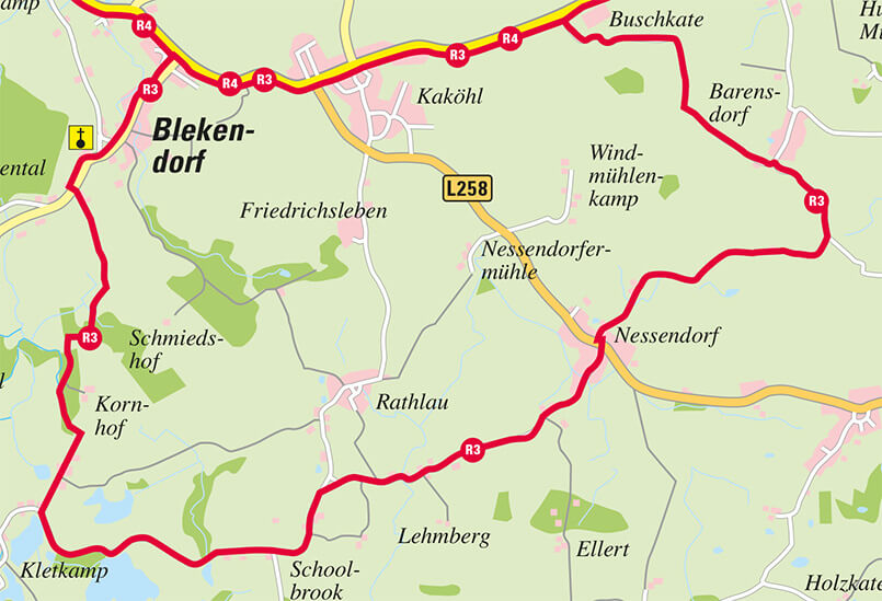 Radfahrroute über Buschkarte, Barensdorf, Nessendorf, Schoolbrook und Kletkamp